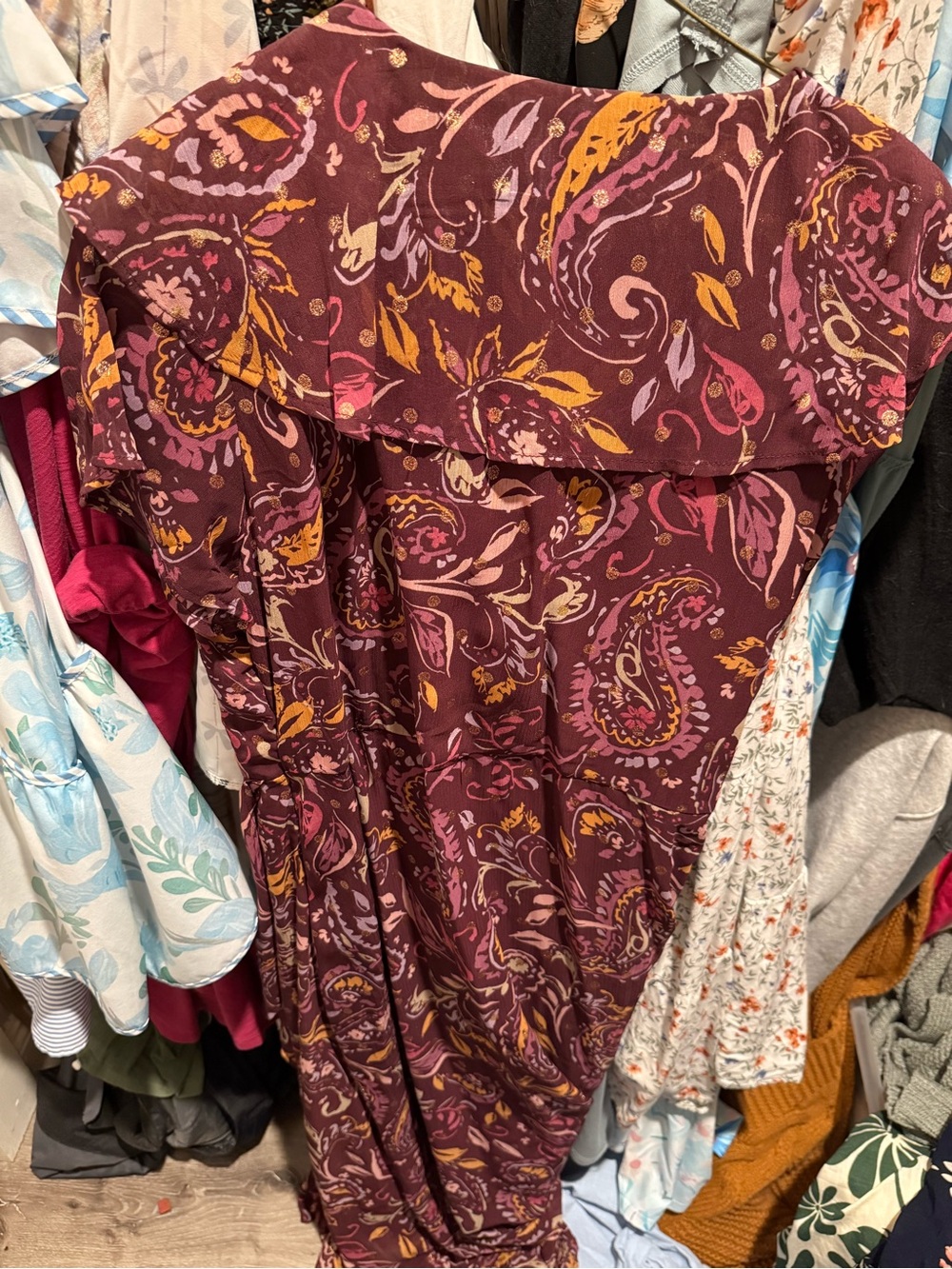 Women’s Burgundy Paisley V-Neck Dress
